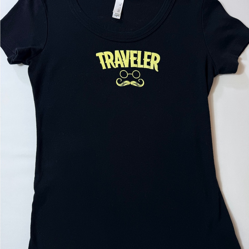 Bella Black Travel Steampunk T Shirt with Yellow Print Size Small - Picture 4 of 9